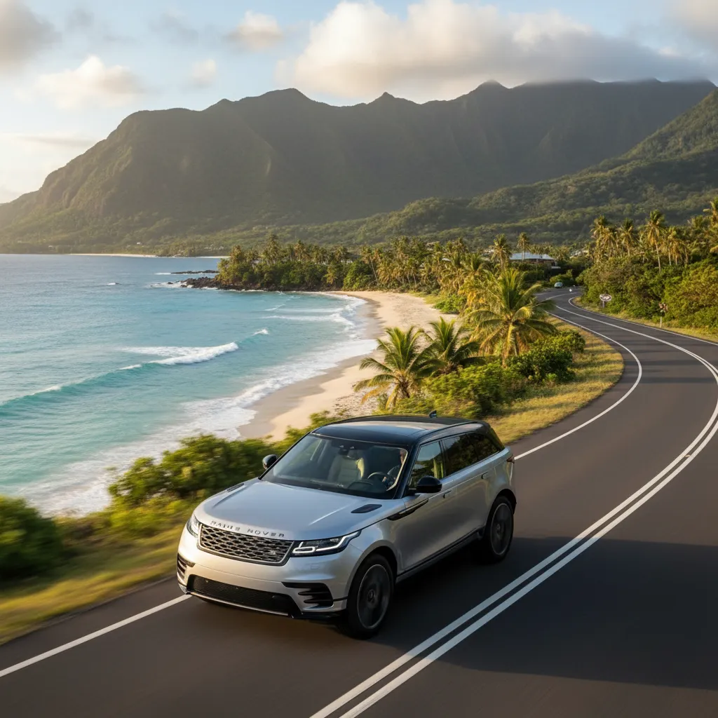 Car rental driving on a scenic New Caledonia coastal road