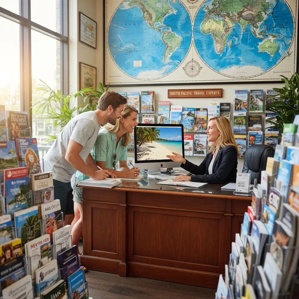 Travel agent helping a couple book a New Caledonia flight package