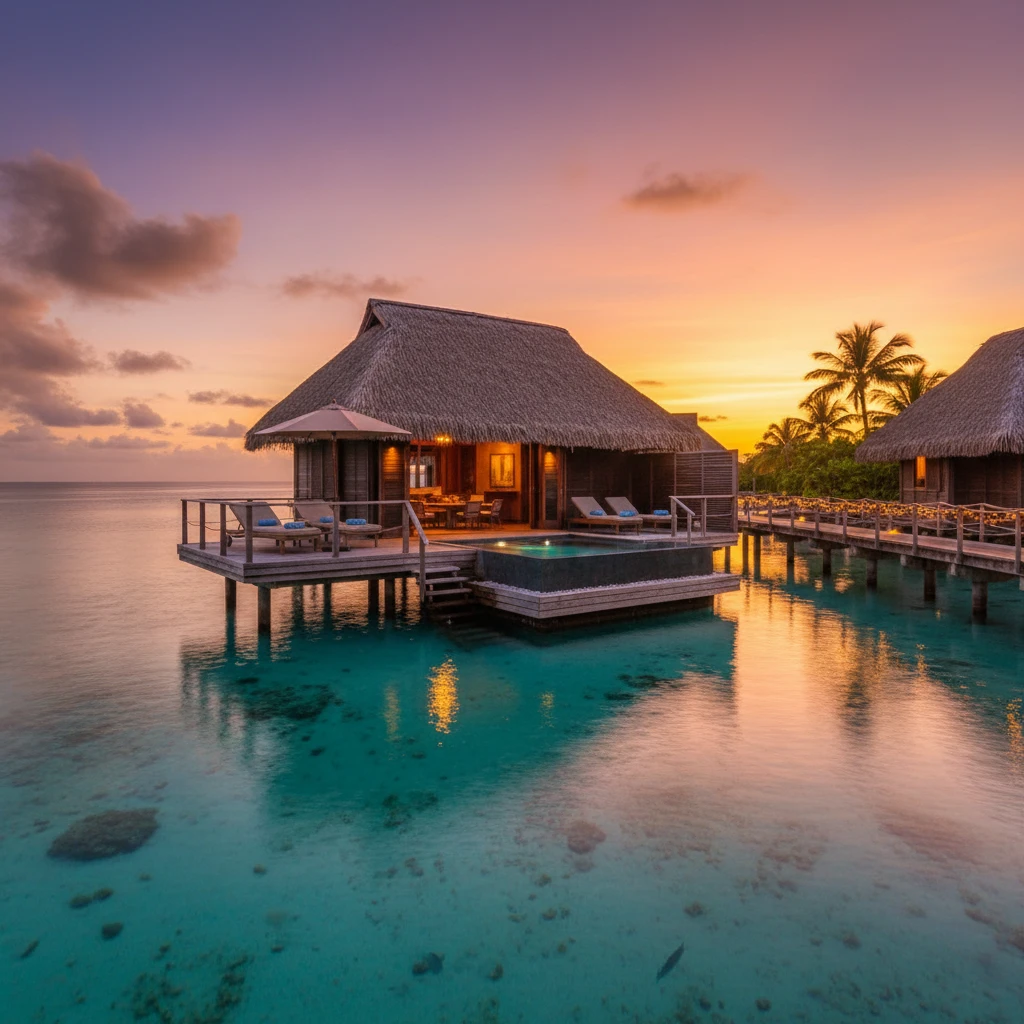 Luxury overwater bungalow in New Caledonia at sunset