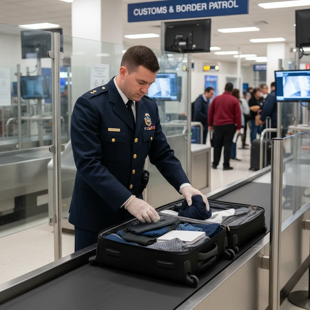 Customs officer inspecting luggage at New Caledonia airport