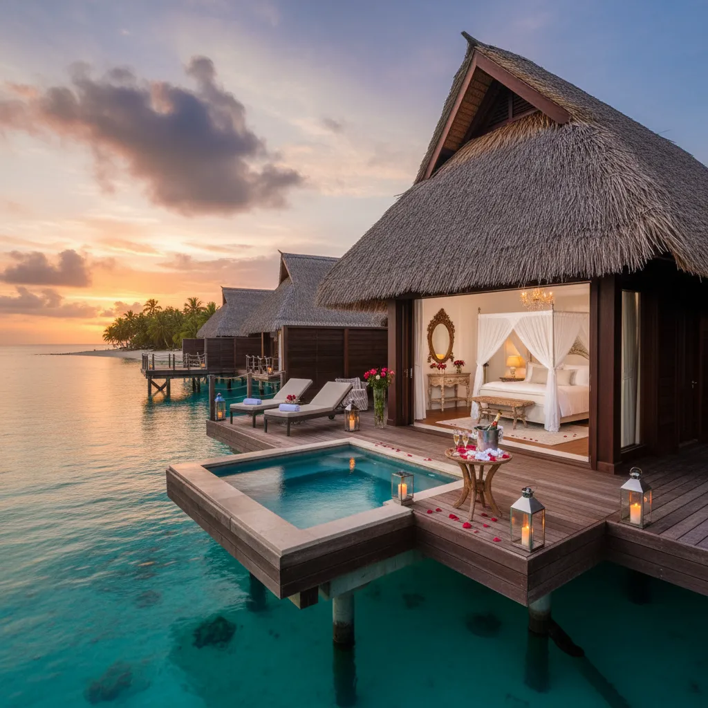 Luxury overwater bungalow in New Caledonia at sunset