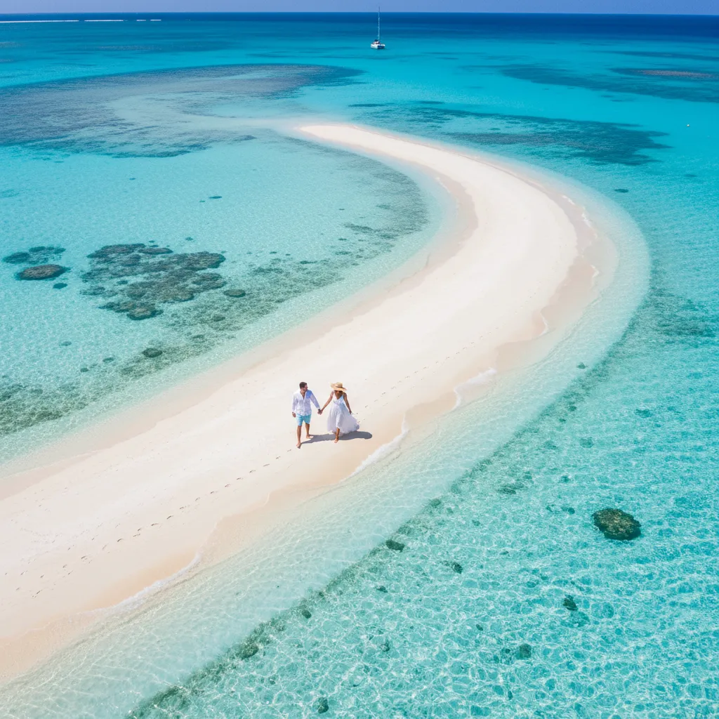 Couple walking on a remote sandbar in the South Pacific