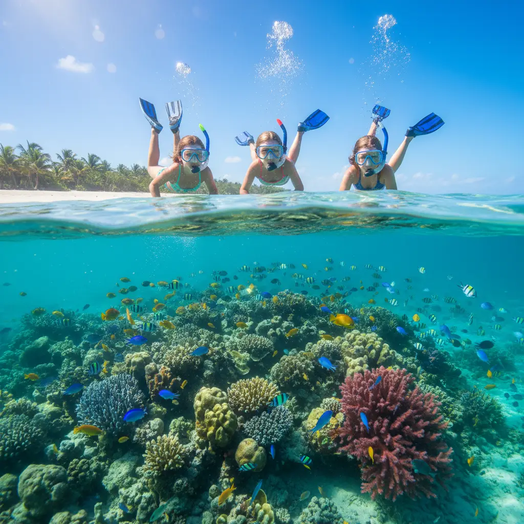 Safe snorkeling for kids in New Caledonia lagoon