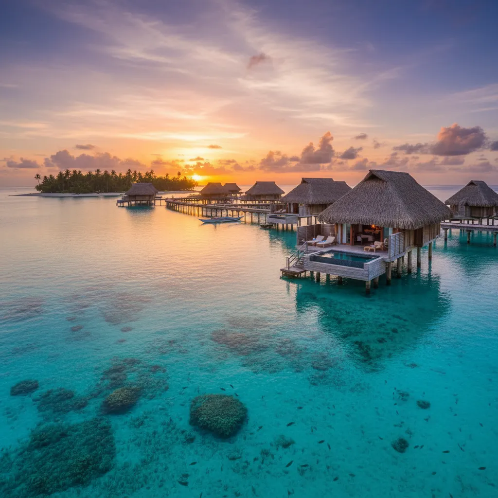 Overwater bungalows New Caledonia sunset view