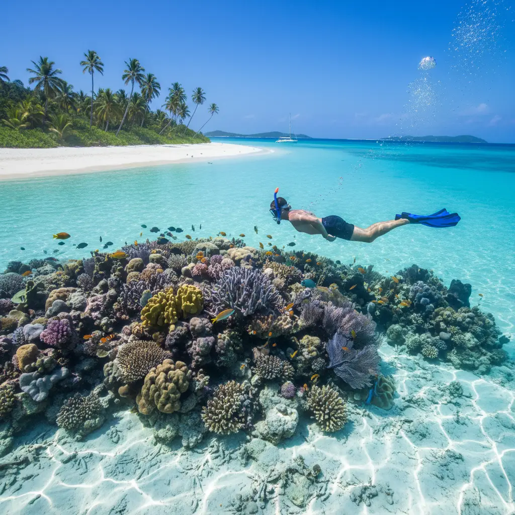 Snorkeler exploring shallow reef near a white sand beach