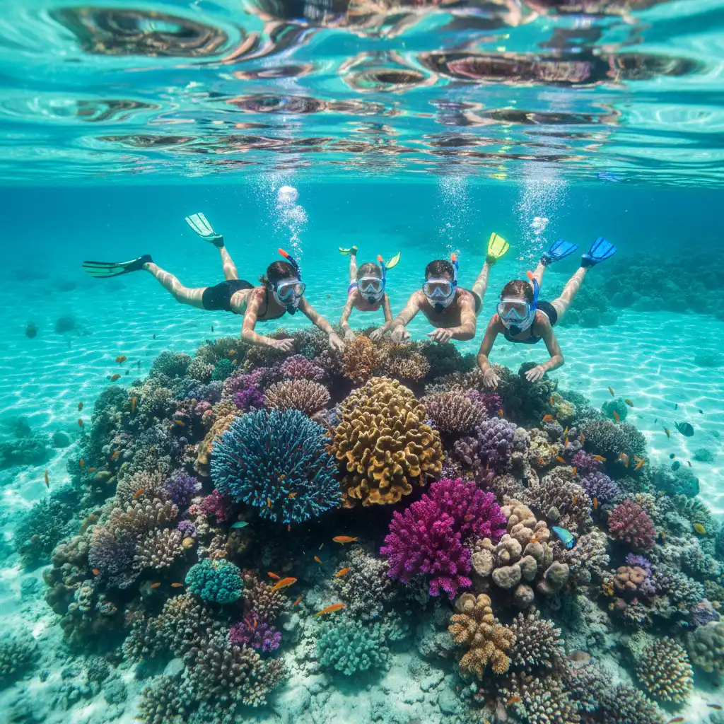 Family snorkeling in New Caledonia lagoon