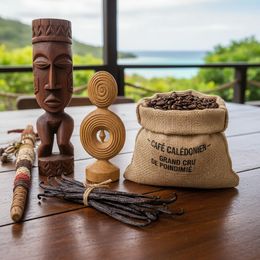 New Caledonian souvenirs including vanilla and wood carvings