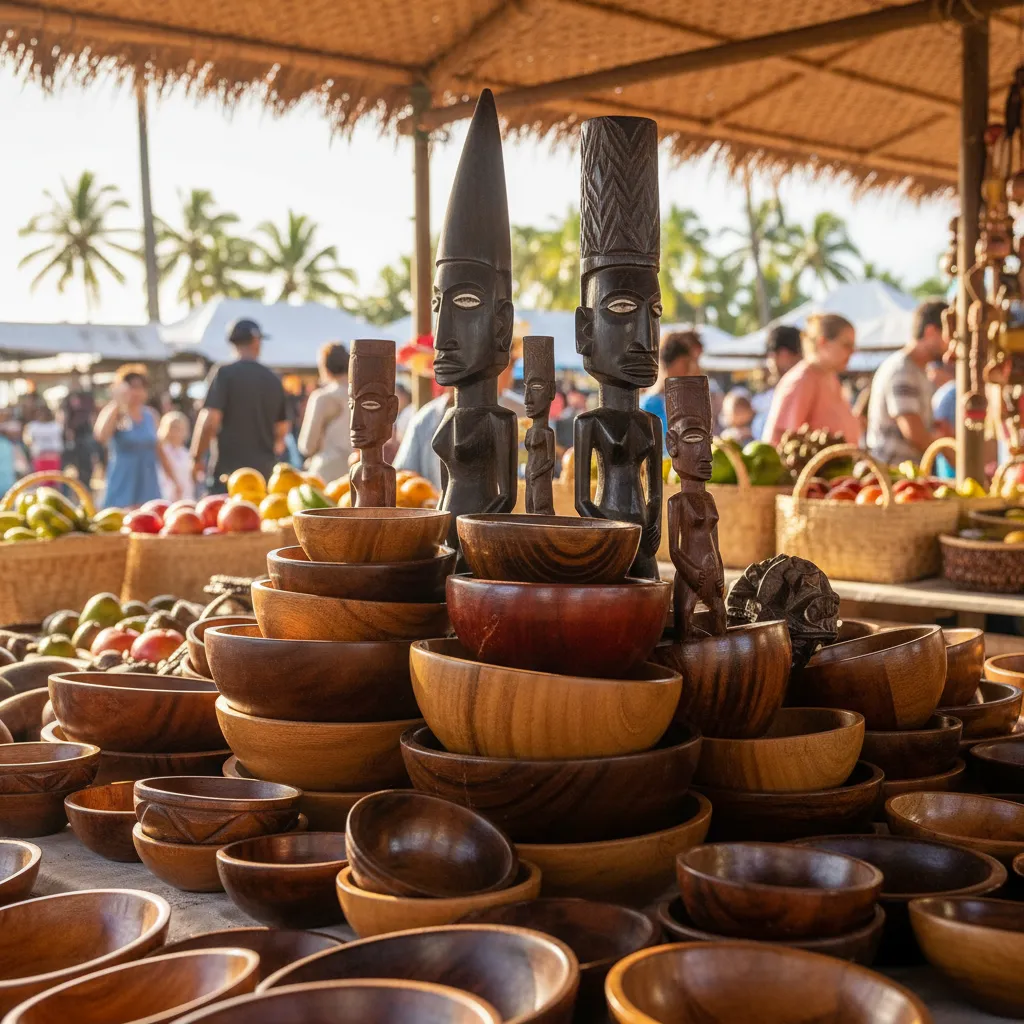 Exotic wooden souvenirs in a New Caledonia market