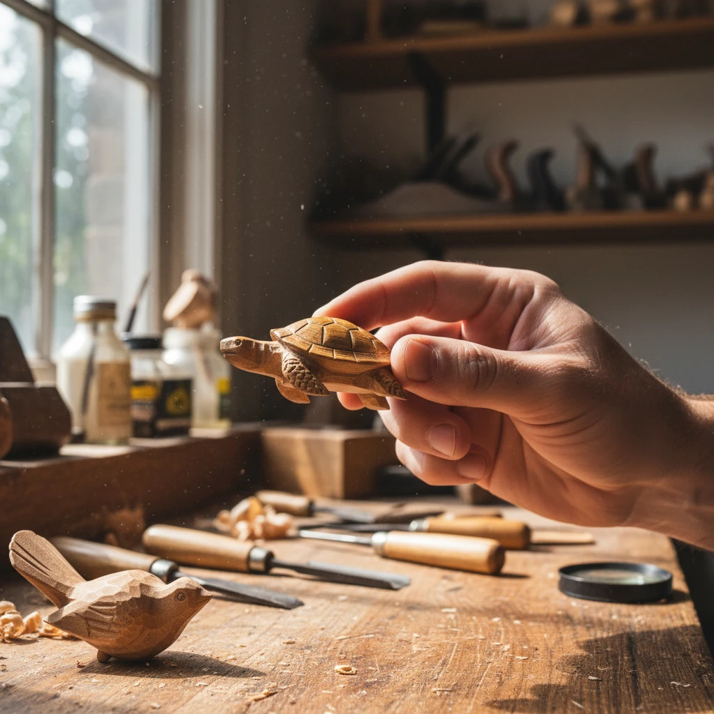 Inspecting a wooden souvenir for insect holes