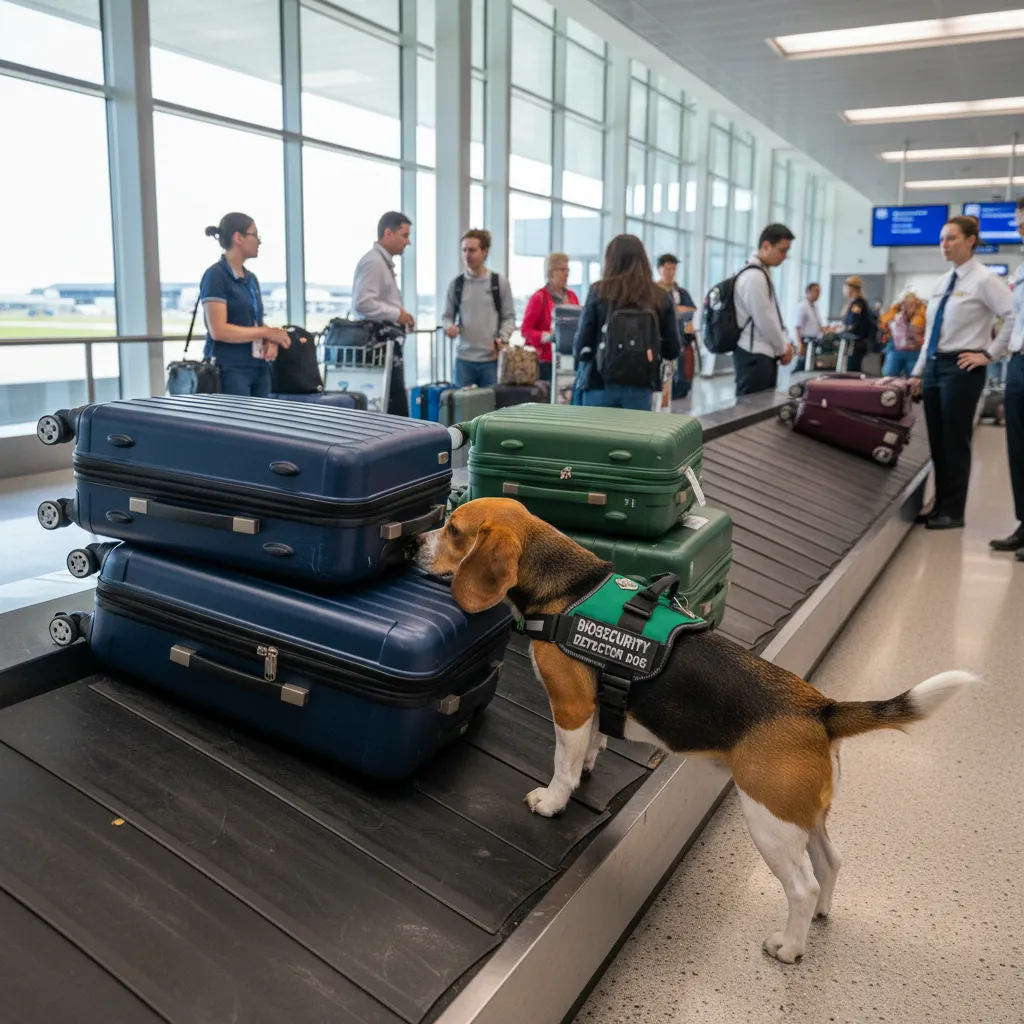 MPI detector dog inspecting luggage at New Zealand border