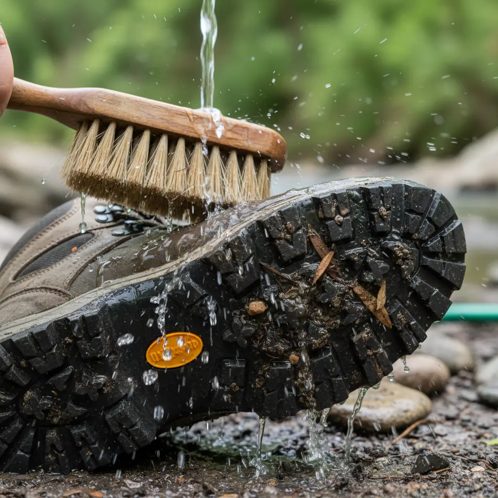 Cleaning hiking boots to remove soil before entering New Zealand