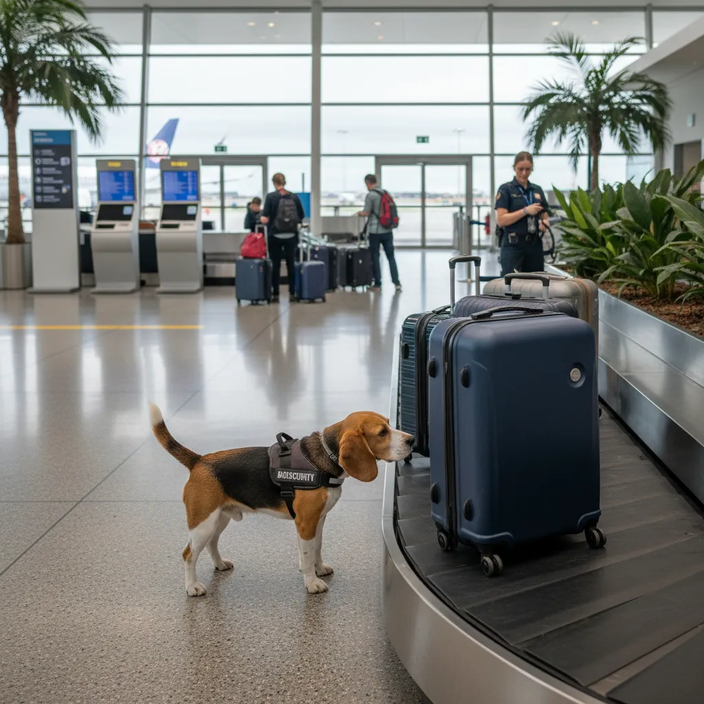 NZ biosecurity dog inspecting luggage at airport