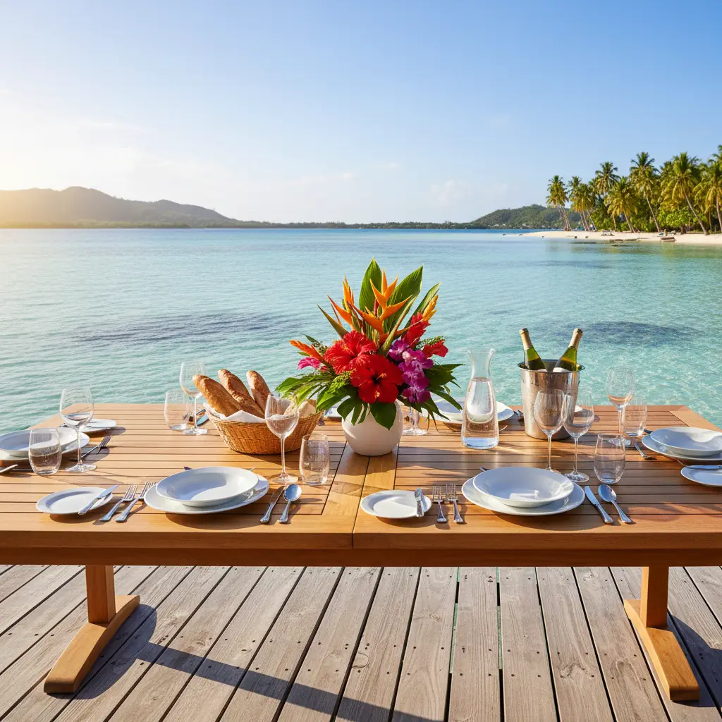 Outdoor dining setting in New Caledonia overlooking the lagoon
