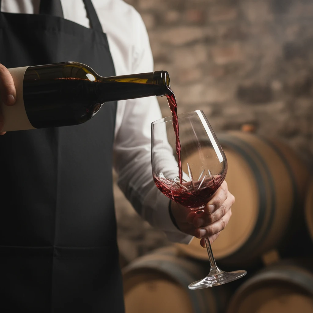 Sommelier pouring vintage French wine in a cellar