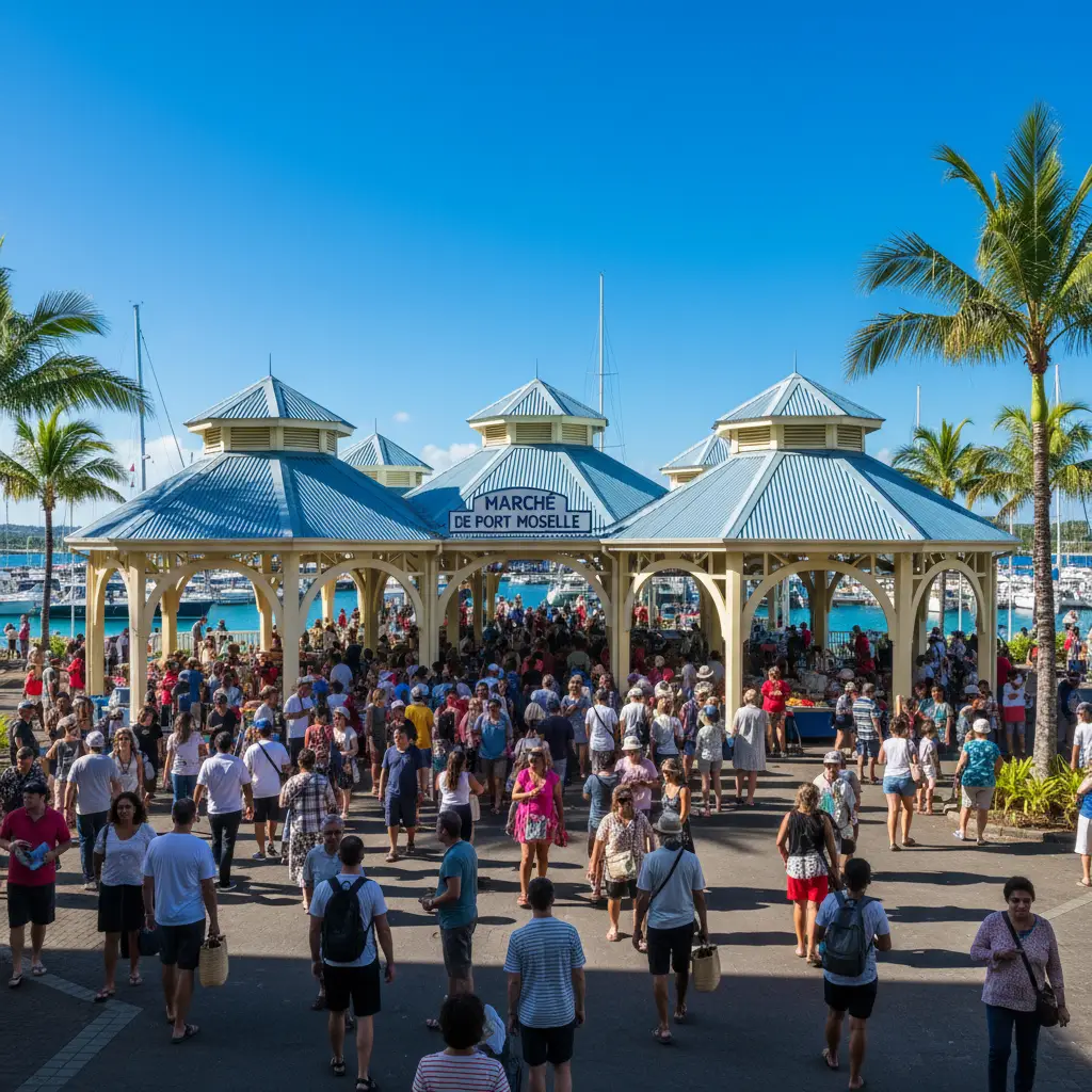 Exterior view of the hexagonal pavilions at Port Moselle Market Noumea