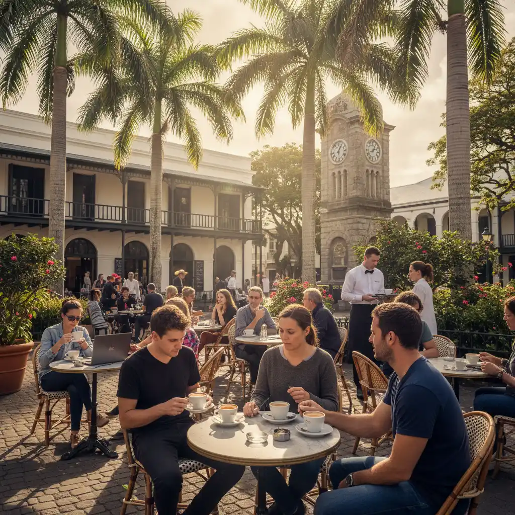 Outdoor cafe scene in Noumea Place des Cocotiers