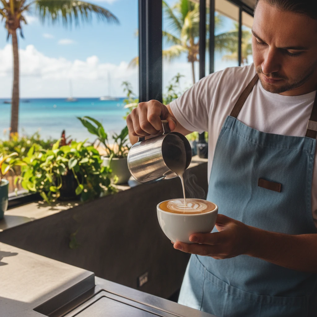 Barista pouring latte art in a Noumea cafe
