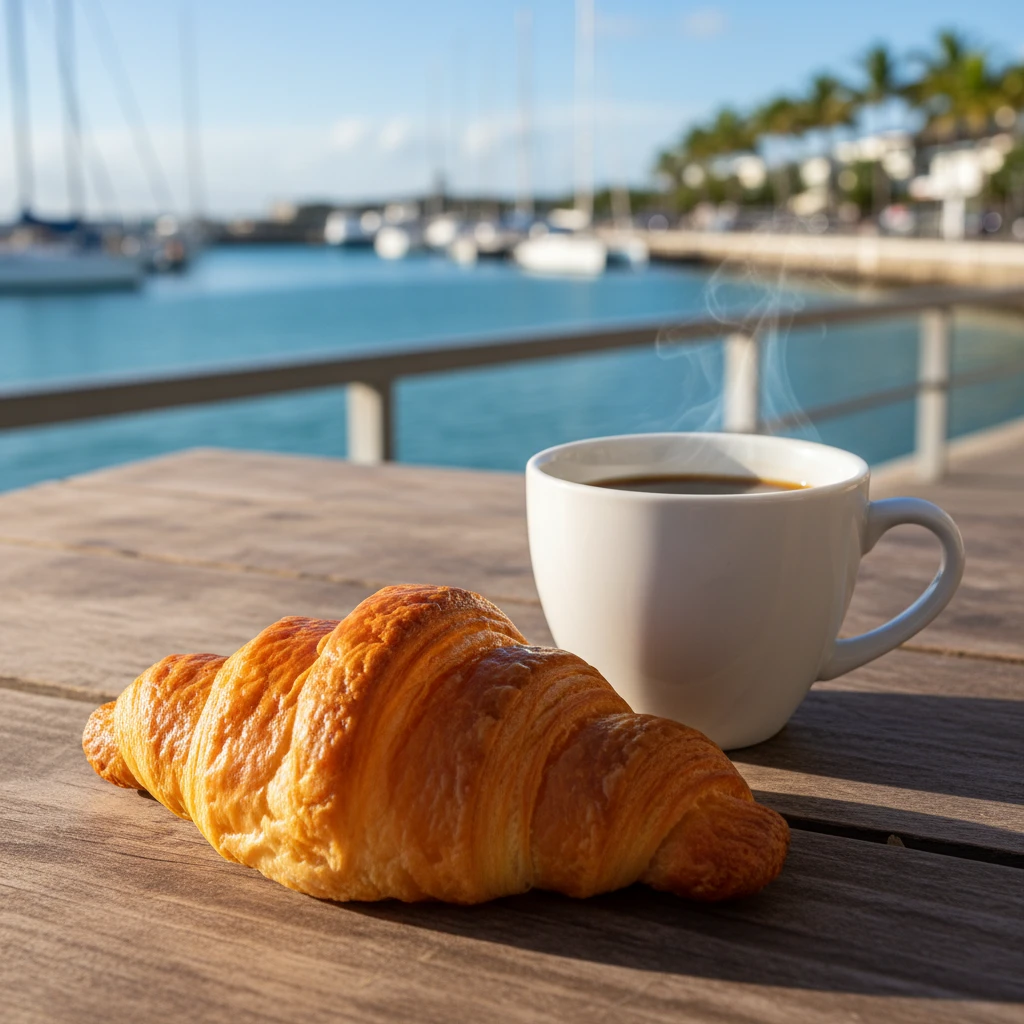 Croissant and coffee with Noumea marina view