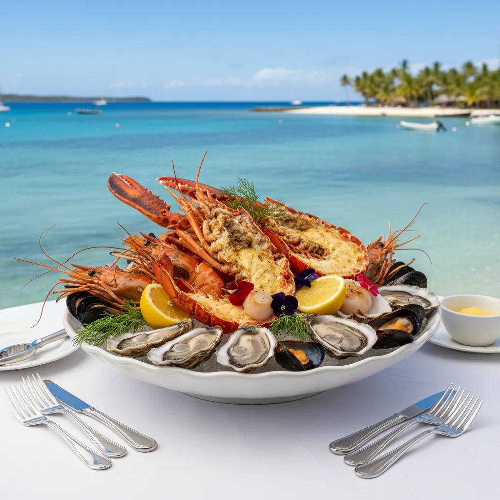 Luxury seafood platter with lagoon view in Noumea