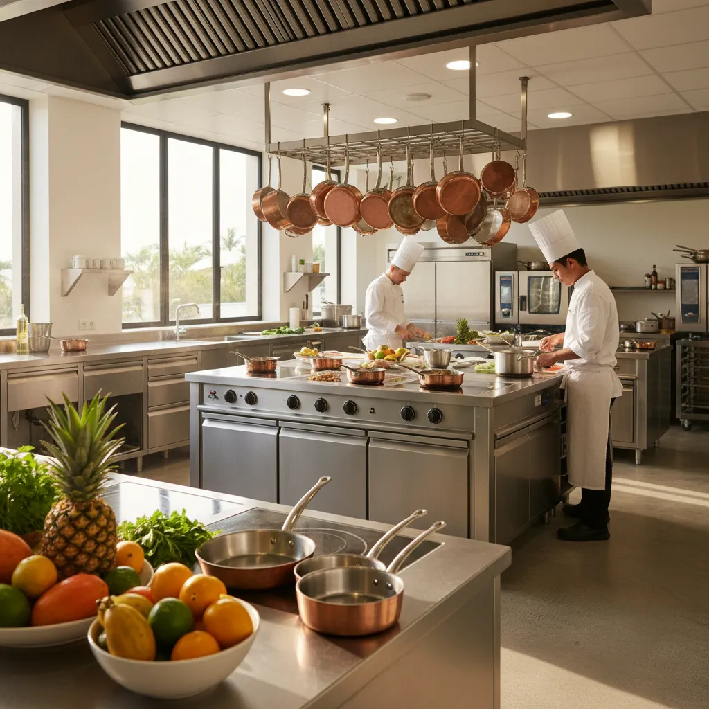 Modern cooking class kitchen in Noumea featuring tropical ingredients
