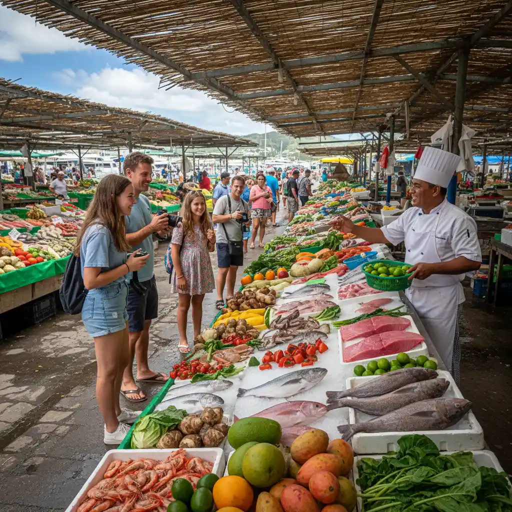 Chef guiding tourists through Port Moselle Market in Noumea