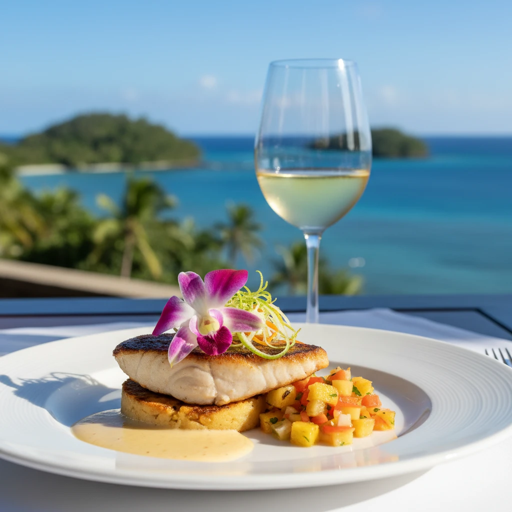Gourmet fusion dish plated with tropical background