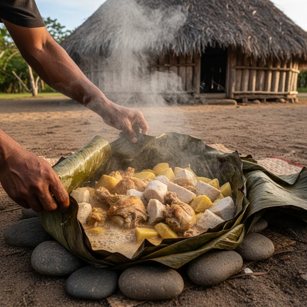 Traditional Kanak Bougna dish wrapped in banana leaves