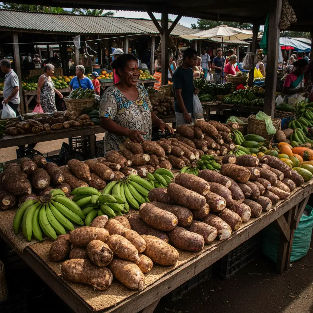 Fresh root vegetables at Nouméa market