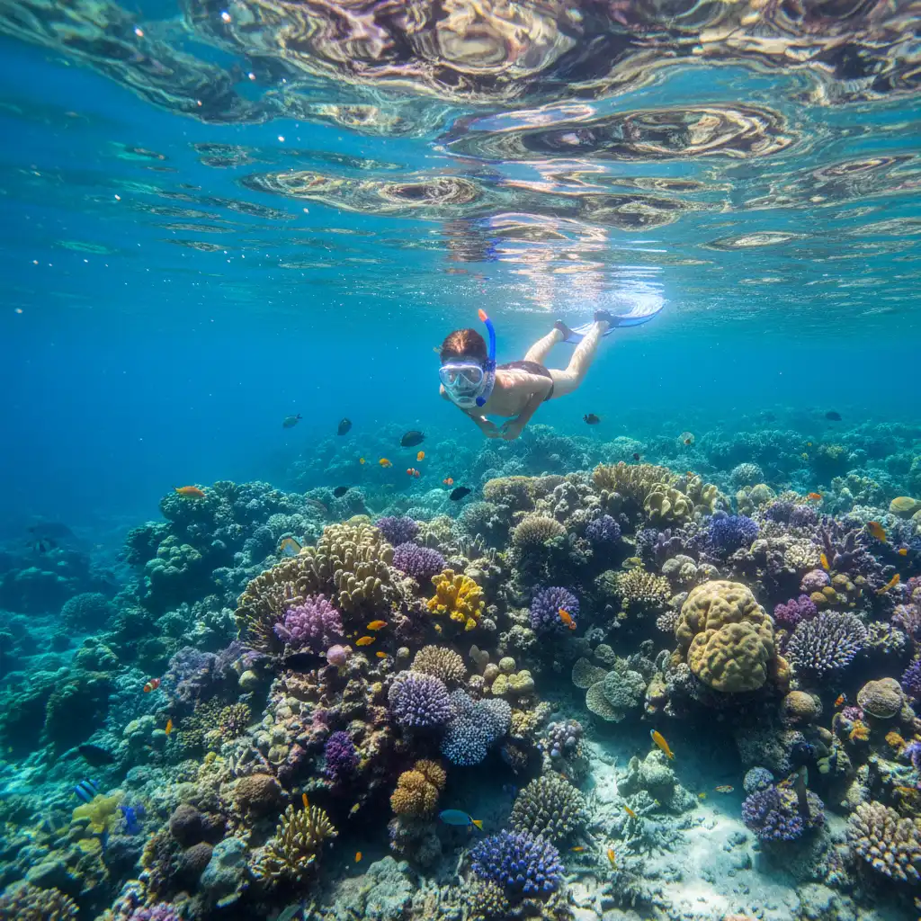 Child snorkeling in the clear waters of New Caledonia lagoon