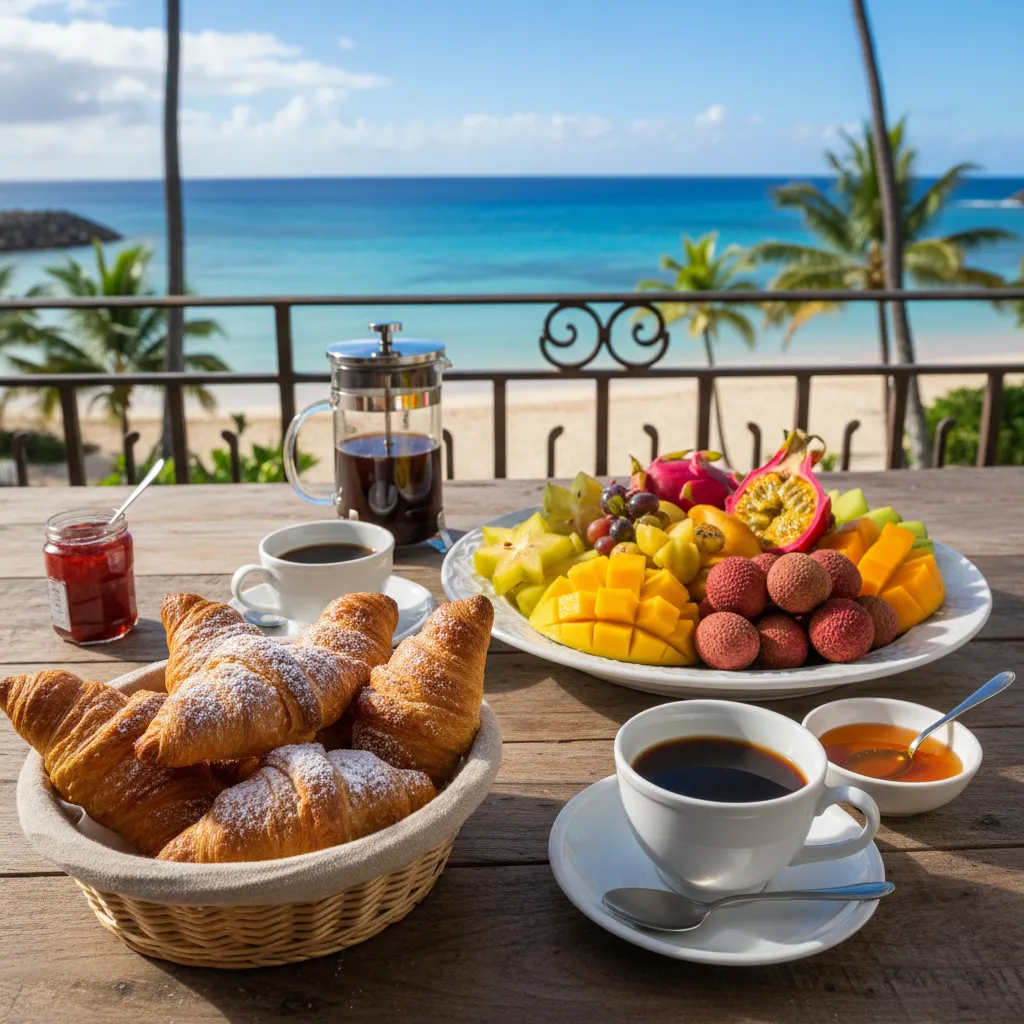 French breakfast spread with croissants and tropical fruit in Noumea