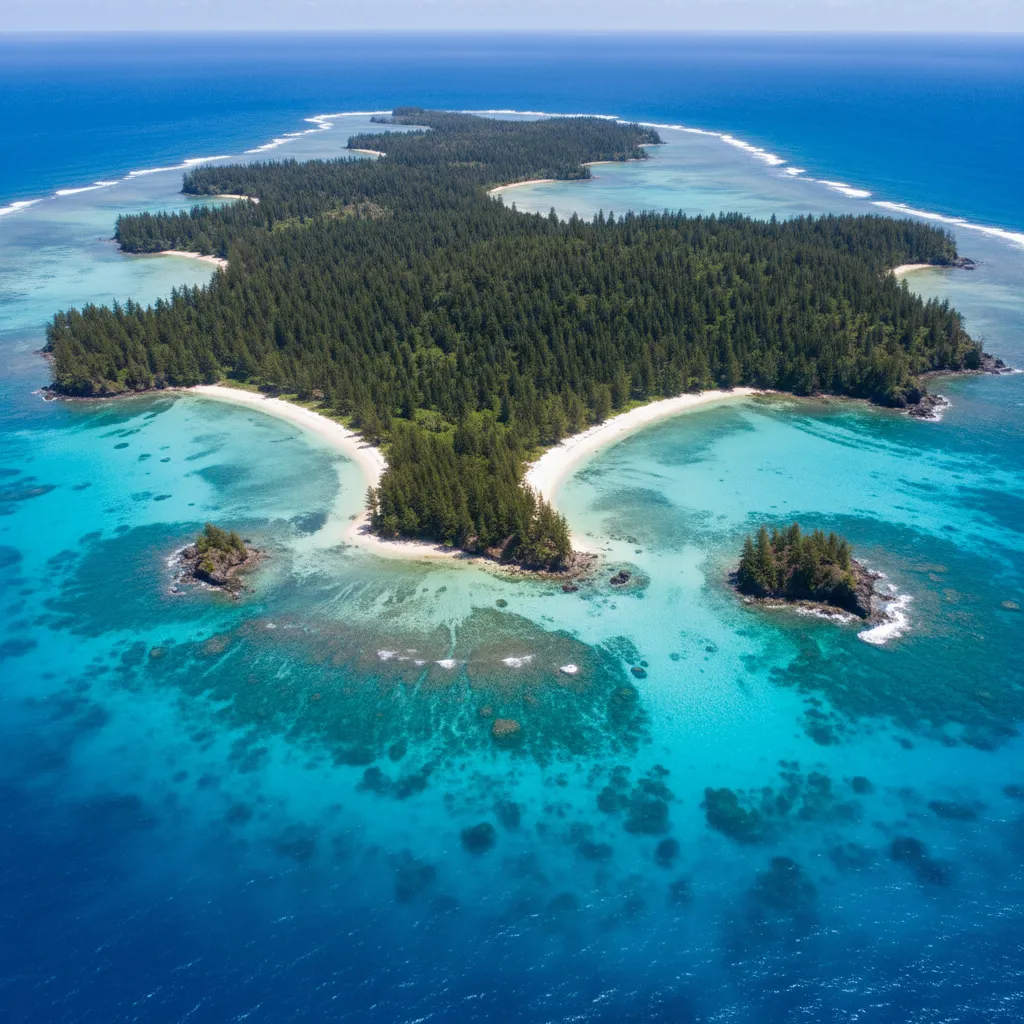 Aerial view of Isle of Pines turquoise waters and pine trees