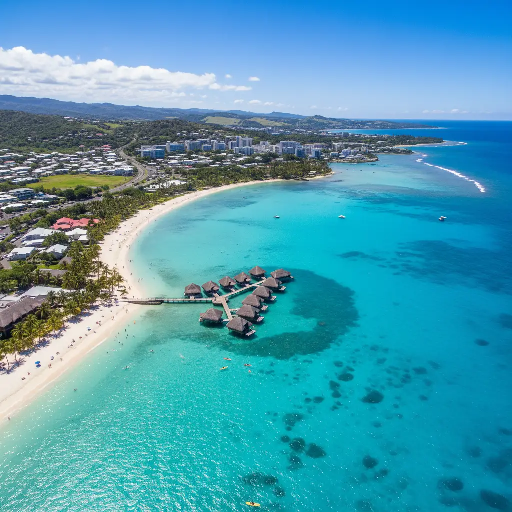Aerial view of Noumea coastline and turquoise lagoon