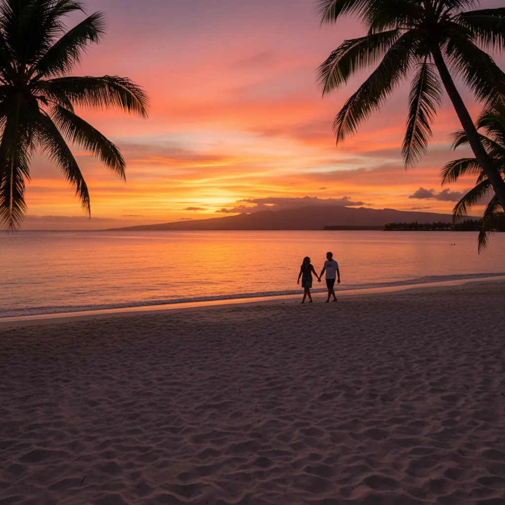 Couple walking on Noumea beach at sunset