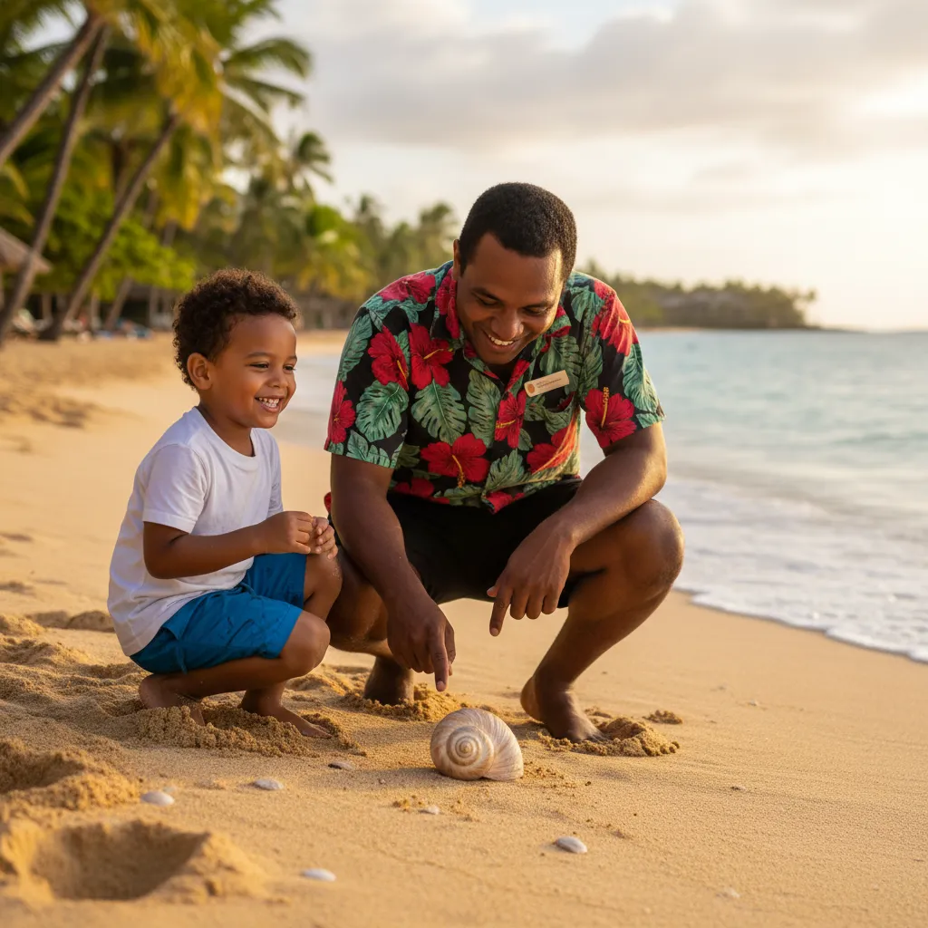 Friendly resort staff interacting with a child in New Caledonia