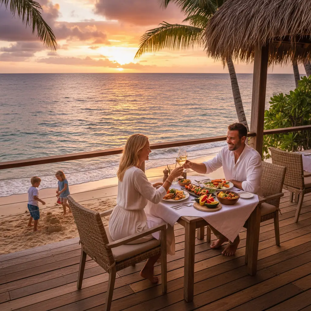 Family dining at a resort in New Caledonia with kids playing