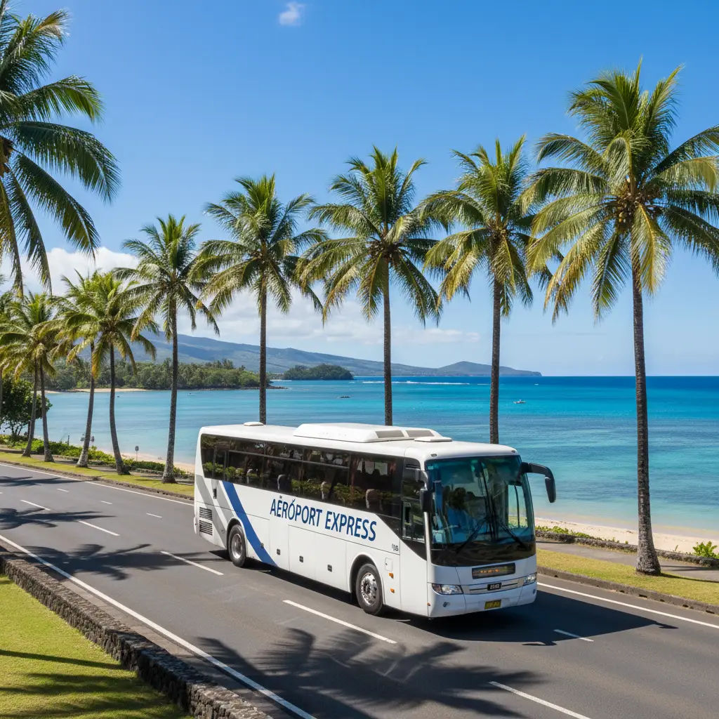 Airport shuttle bus traveling along New Caledonia coastline