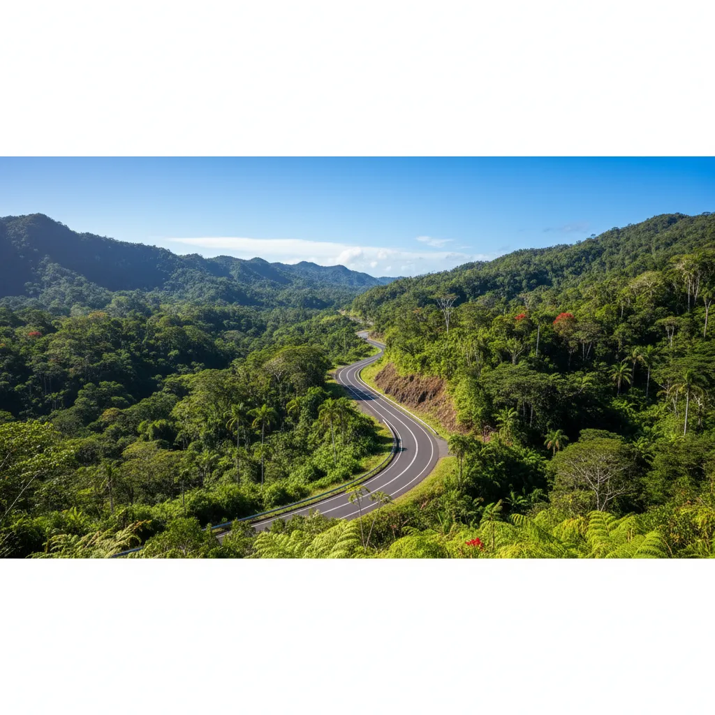 The scenic RT1 highway connecting Tontouta Airport to Noumea
