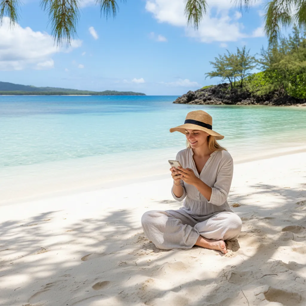 Traveler using eSIM on a beach in New Caledonia