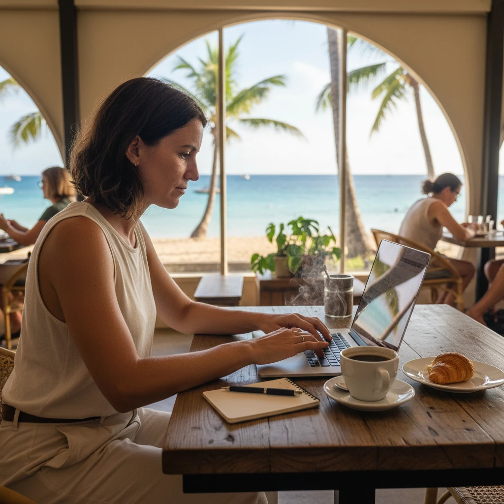 Remote work setup in Noumea cafe