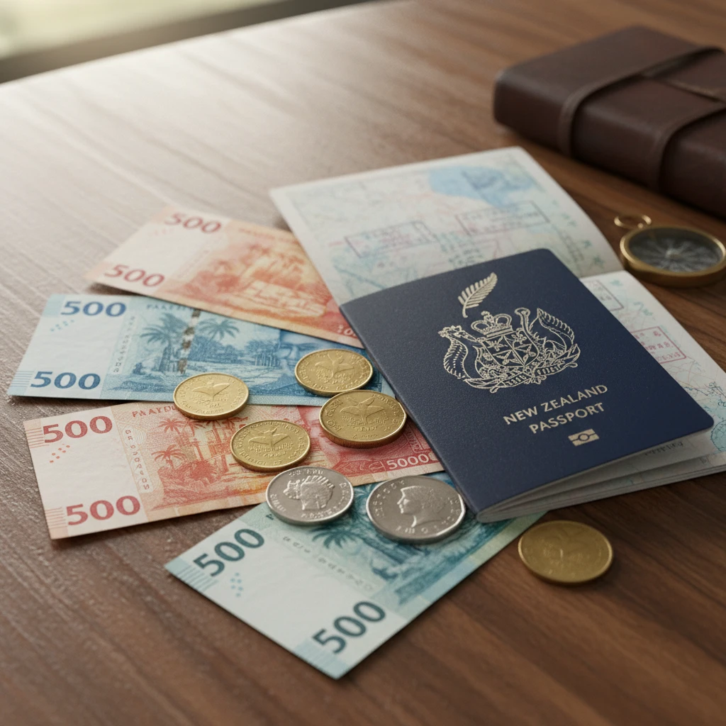 Pacific Franc XPF banknotes and coins next to a New Zealand passport