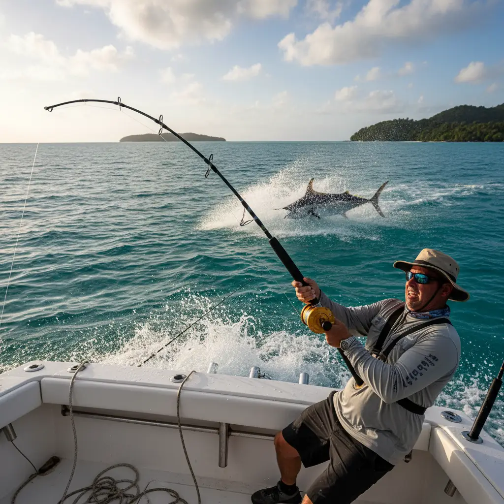 Angler battling a large game fish off the coast of Noumea