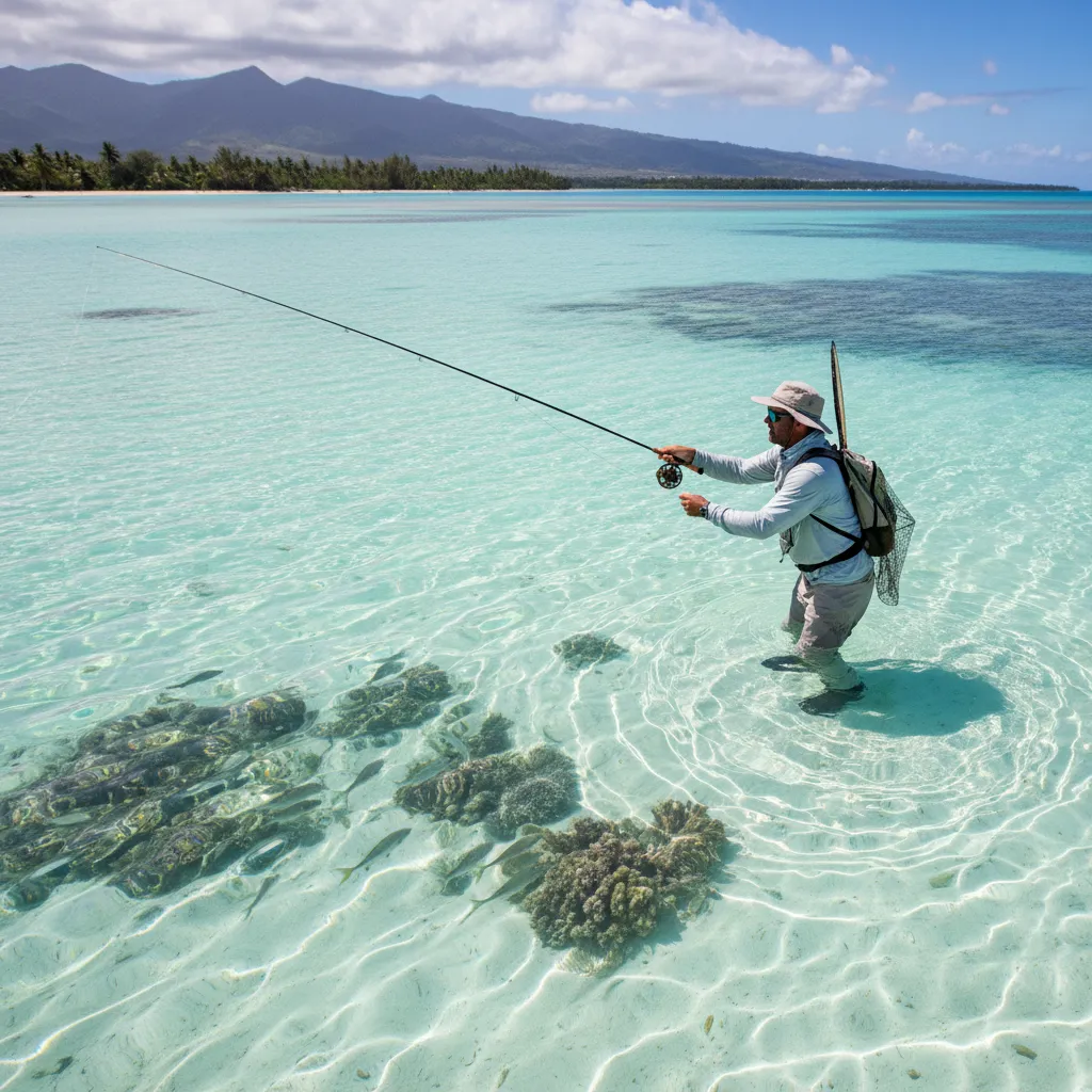 Fly fisherman wading the crystal clear flats of New Caledonia