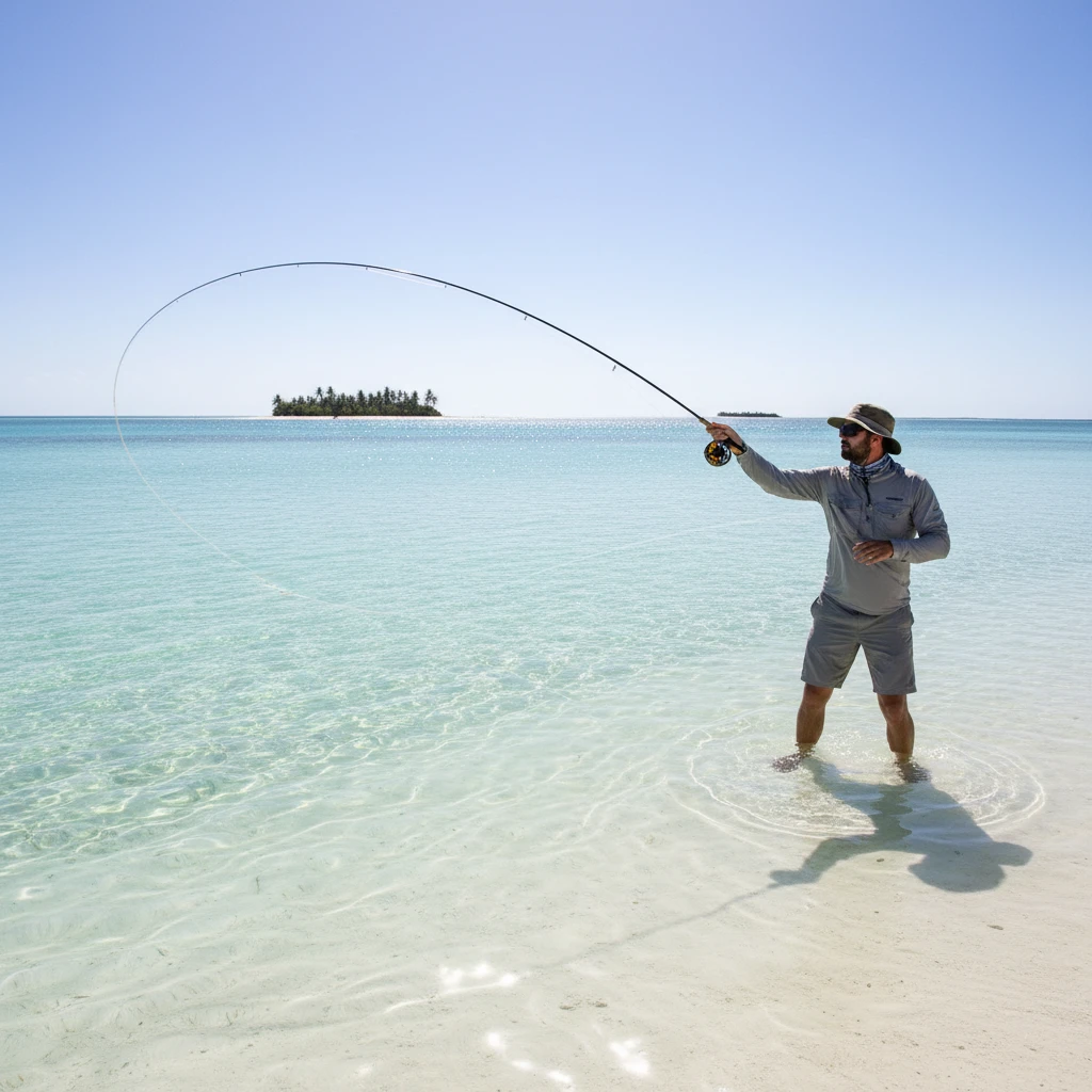 Angler casting for bonefish on New Caledonia flats