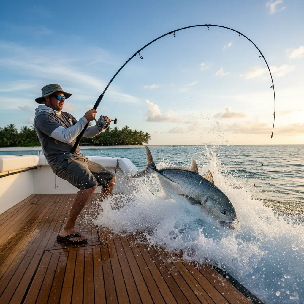 Angler battling a massive Giant Trevally in New Caledonia