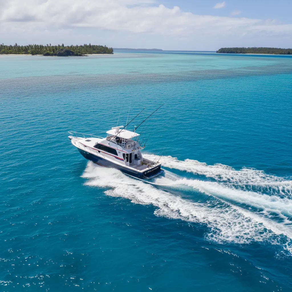 Blue Madeiras fishing charter boat navigating New Caledonia lagoon