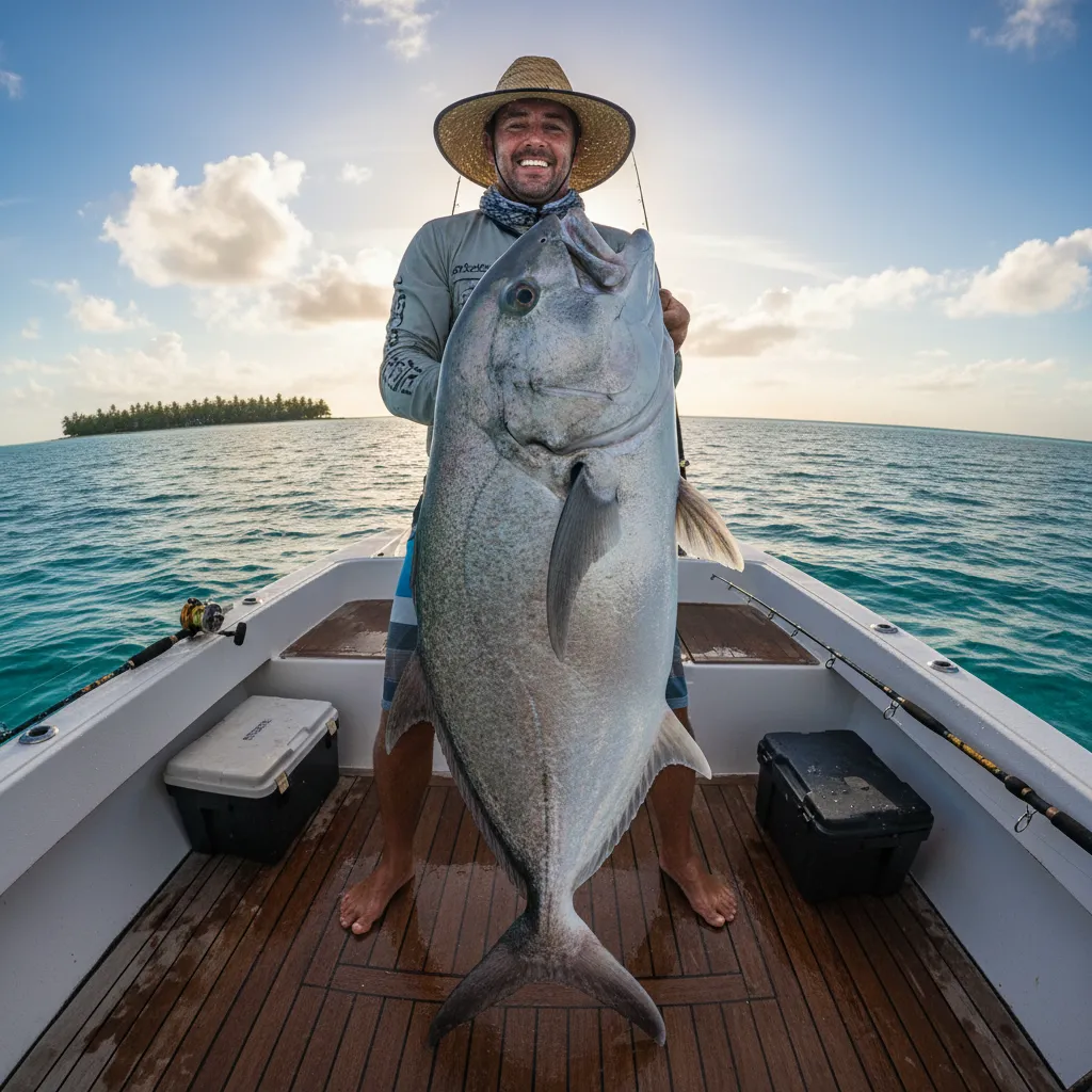 Angler holding a large Giant Trevally catch on Blue Madeiras charter