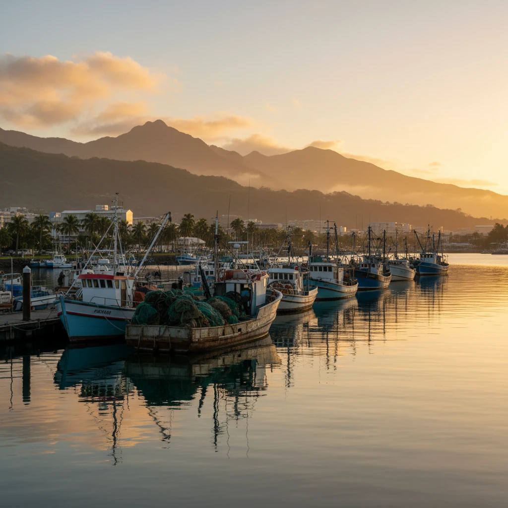Noumea harbor sunrise with fishing charters ready for departure