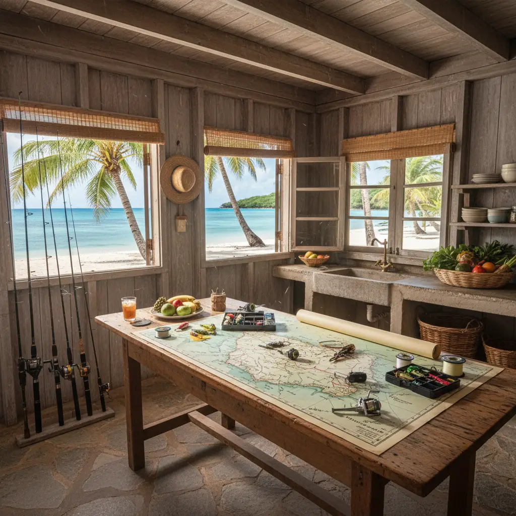Self-catering fishing bungalow interior in New Caledonia