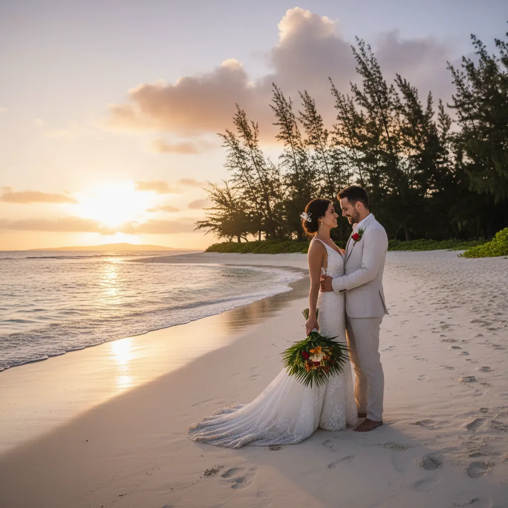 New Caledonia beach wedding couple with Araucaria pines