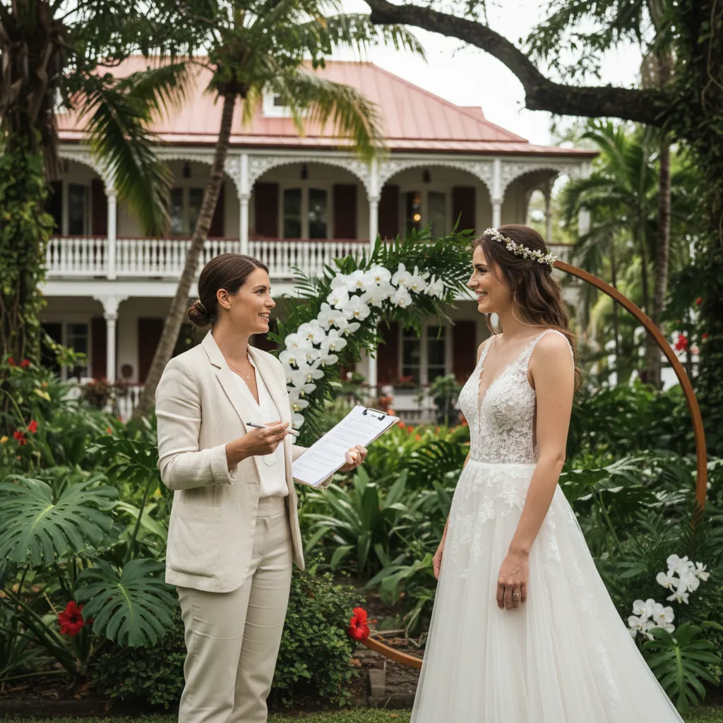 Wedding planner discussing details with bride in Noumea